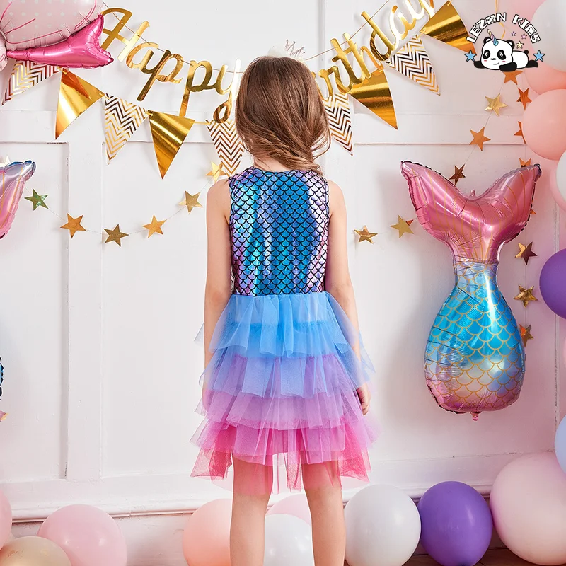 LEZONKIDS - Custom Girls' Casual Mermaid Tutu Dress Layered Floral Print Lace Decor Formal Sweet Summer Outfit for Kids